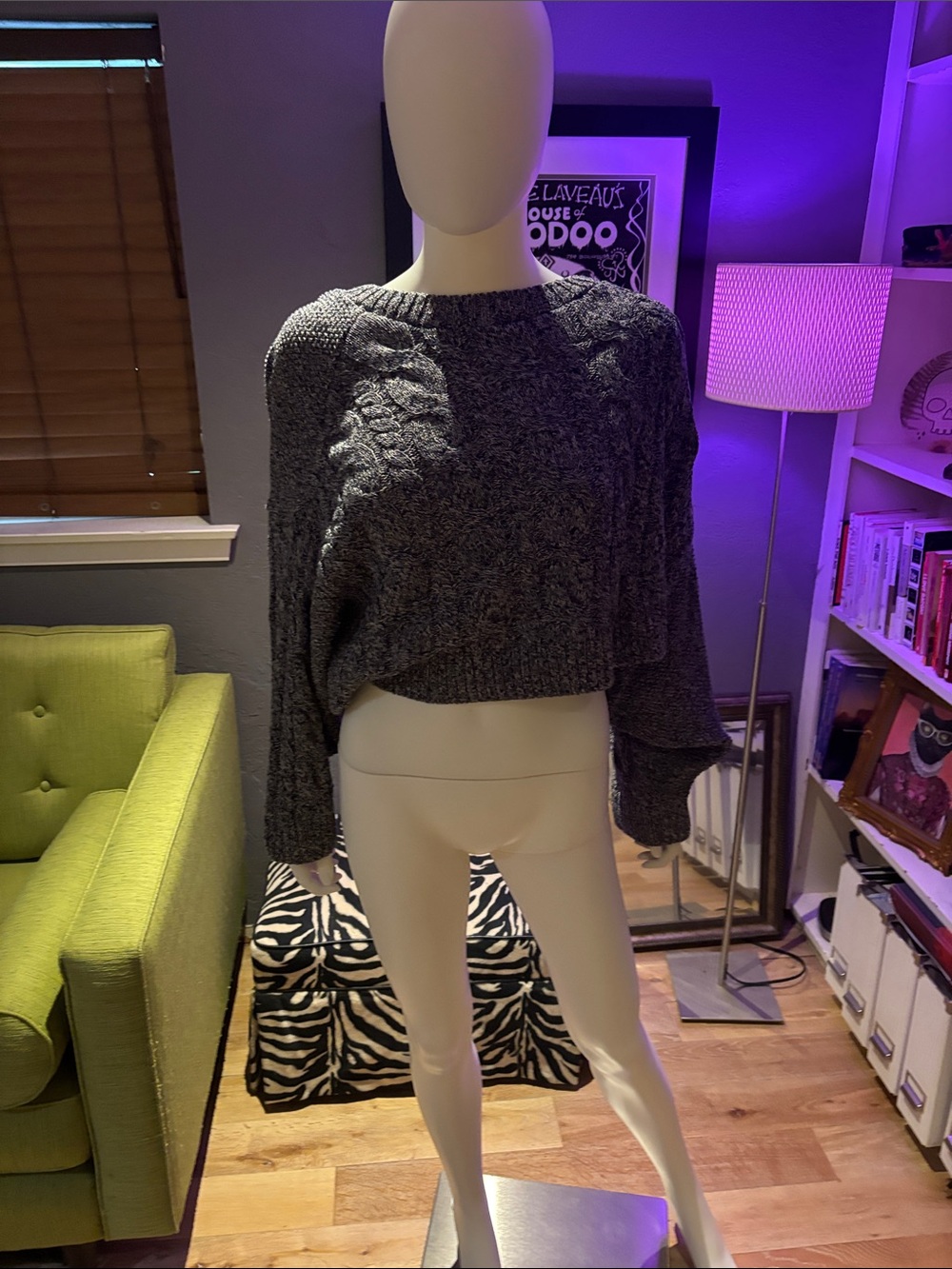 Topshop Charcoal Cable Knit Cropped Crewneck Bat Wing Sweater